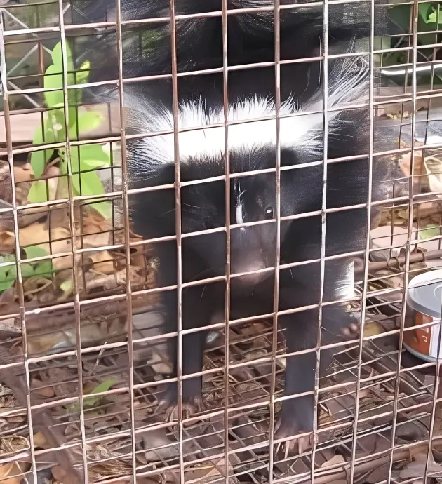 Skunk inside a metal cage trap