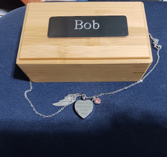 Memorial box and angel wing necklace