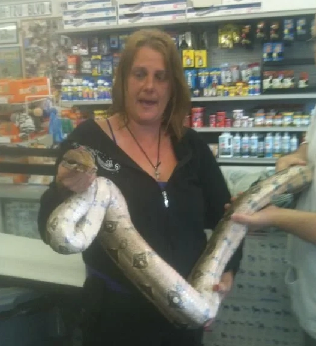 Woman holding a large snake in store