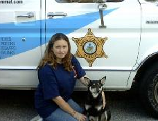 Dog and woman near police department van